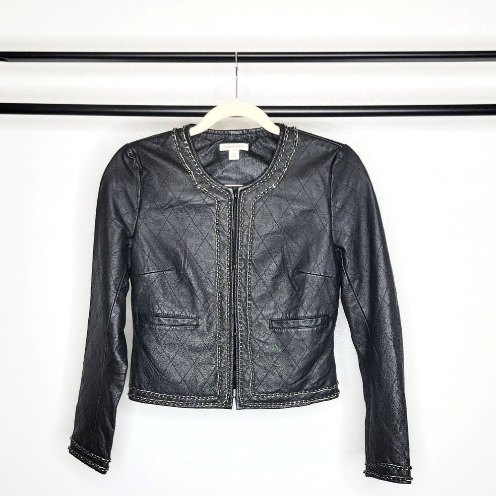 Boston Proper Black Leather w/ Pewter Chain Adorned Quilted Short Jacket Size 2